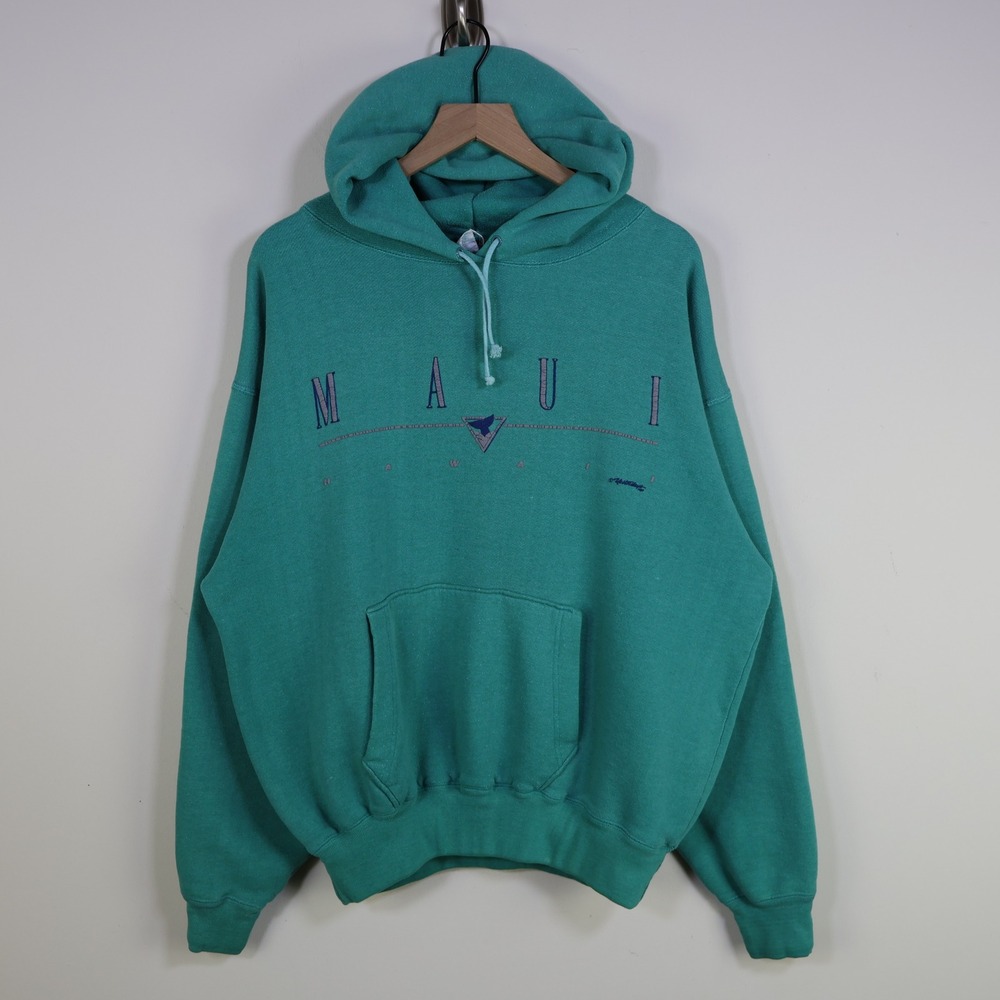 Vintage 1989 Maui Hawaii Hoodie XL Oversized Surf Retro Teal Fleece Cotton